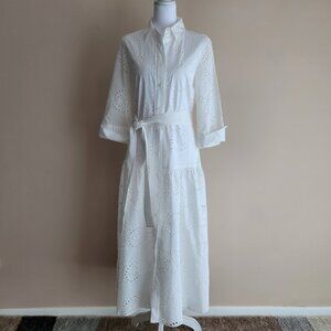ZARA White Eyelette Dress Dropped Waist Belted 3/4 Sleeve Dress Size M